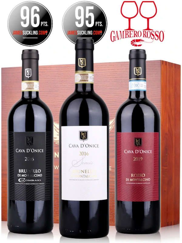 Gift set of three Italian red wines, Brunello di Montalcino DOCG and Rosso di Montalcino DOC by Cava d'Onice
