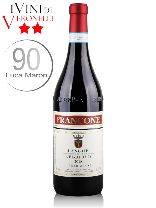 Bottle of Italian red wine Francone I Patriarchi Langhe Nebbiolo DOC 2018