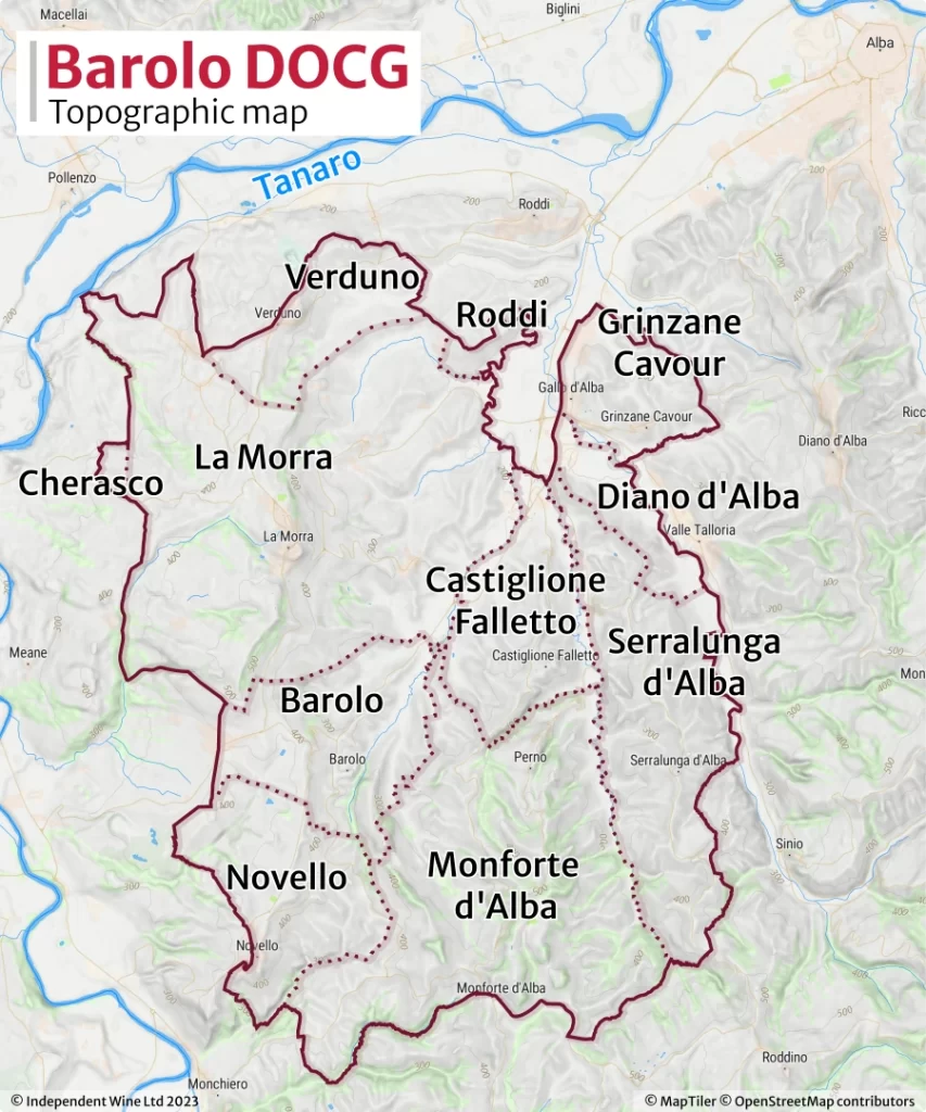 Barolo DOCG topographic map, Independent Wine Ltd