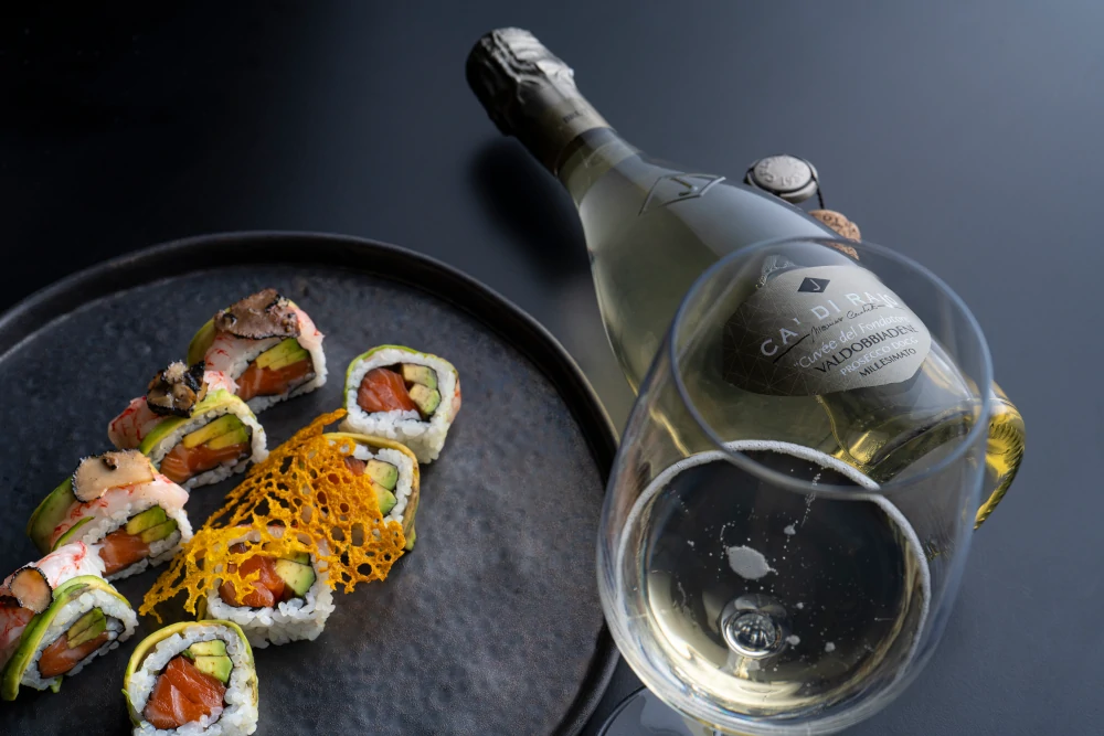 Ca' di Rajo Cuvée del Fondatore Valdobbiadene Prosecco DOCG with sushi