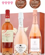 Wine Gift Set, three Italian Rosé wines, sparkling Nebbiolo rosé, pink Prosecco, Negroamaro rosé, in mahogany wine gift box