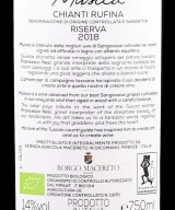 Back label of Italian organic red wine from Chianti Rufina sub-zone Borgo Macereto Musica Organic Chianti Rufina Riserva DOCG 2018