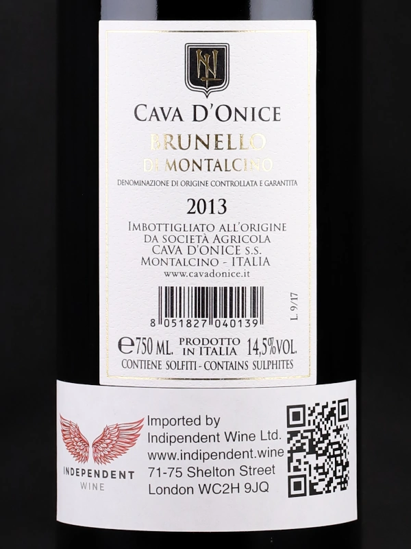 Back label of Cava d'Onice Brunello di Montalcino DOCG 2013
