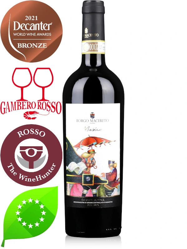 Bottle of Italian organic red wine from Chianti Rufina sub-zone Borgo Macereto Musica Organic Chianti Rufina Riserva DOCG 2018